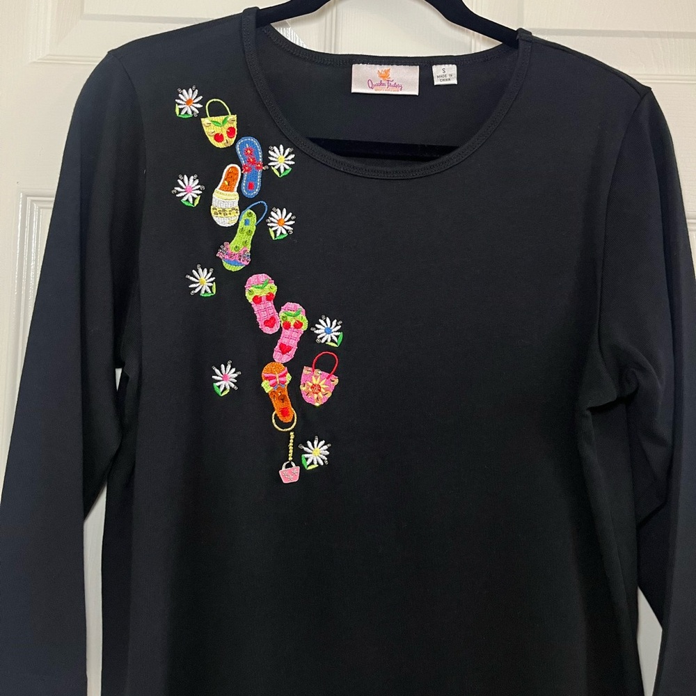 Susan Graver Summer Print Embroidered 3/4 Long Sleeves Size Small